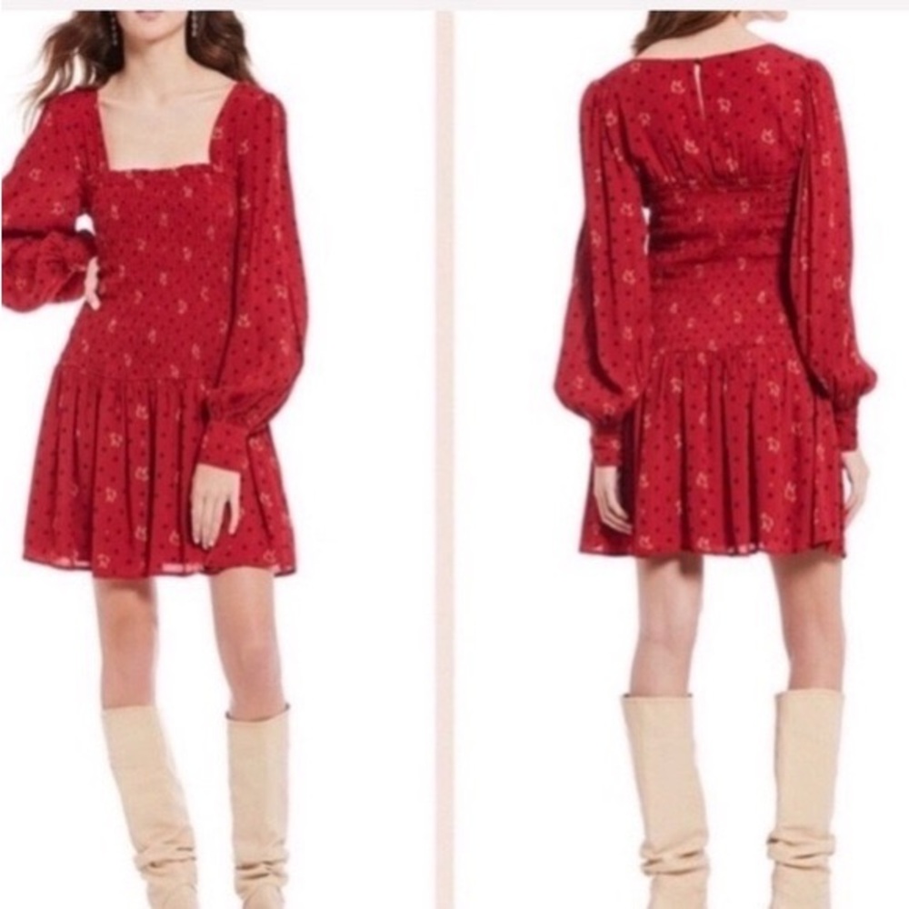 Free People Red Boho Long Sleeve Dress Ruby Combo